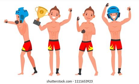 MMA Male Player Vector. Fighting On Ring, Cage, Arena. Playing In Different Poses. Man Athlete. Isolated On White Cartoon Character Illustration