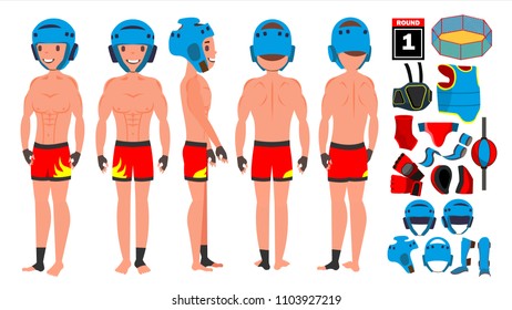 MMA Man Player Male Vector. Preparing For Training. Traditional Fighting Poses. Cartoon Athlete Character Illustration