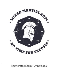 MMA, mixed martial arts grunge vintage octagon emblem with spartan helmet, vector illustration, eps10, easy to edit