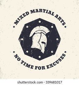 MMA, mixed martial arts grunge vintage octagon emblem, sign with spartan helmet, vector illustration