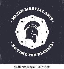 MMA, mixed martial arts vintage emblem, logo, sign with spartan helmet on octagon, vector illustration