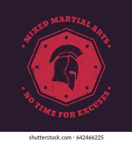 MMA, mixed martial arts vintage emblem, logo, print with spartan helmet on red octagon shape