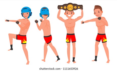 MMA Player Male Vector. Muay Thai Poses. Muscular Sports Guy Workout. Isolated Flat Cartoon Character Illustration