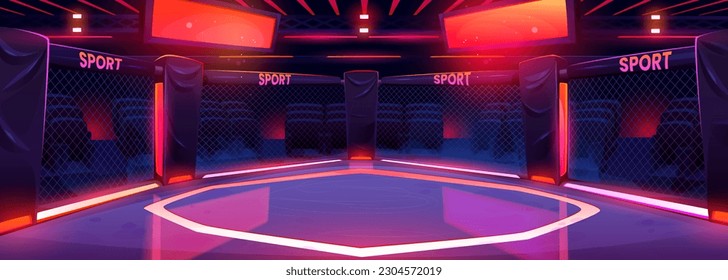 Mma ring for boxing background. Octagon fight arena stage vector design. Ultimate game sport cage stadium illustration with neon red light at night. Professional equipment with show illumination