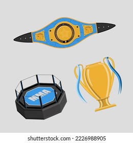 MMA ring, championship cup and belt. vector illustration. svg