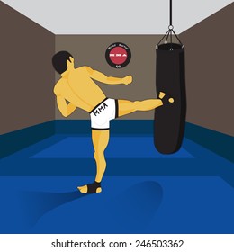 MMA spirit fighter and punching bag. Kicking man. Gym.