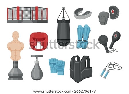 MMA training gear and accessories shown in vector style, featuring various items like punching bags, gloves, protective gear, and training dummies for martial arts practice.