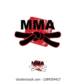 MMA - vector stylized font with black belt  knot of mixed martial arts on white background with japanese red ink stamp - hanko. Hand drawn sport calligraphy logo, icon, sign