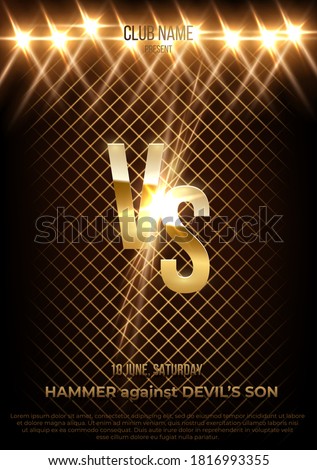 MMA, wrestling, boxing fight poster. Battle vector banner concept. Golden VS letter sign with glowing shiny spark on dark vertical background. Versus logo element for game, battle, sport match