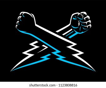 Mma wrestling clenched male fists and hands. Fighters arm poster fight night concept template. Power lightning bolt shaped brush drawn logo sign isolated on dark background.