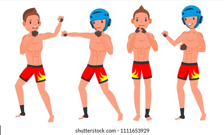 MMA Young Man Player Vector. Man. Fighters Fighting. Training Club. Poses Set. Flat Athlete Cartoon Illustration