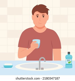  MMan using mouthwash for fresh breath and plaque prevention. Rinsing ,gargling mouth. Daily oral hygiene routine. Dental Health Concept, Vector and illustration.