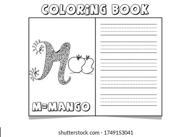 M=Mango coloring pages.alphabet coloring pages for adults. A to Z coloring book for kids . alphabet latter with art work coloring pages .