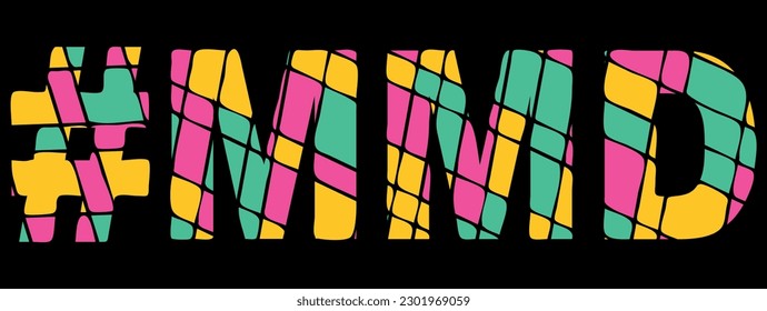 MMD Hashtag. Tricolor isolated letters from contrast flowing fluid shapes. Popular Hashtag #MMD for social networks, Adult web resources, mobile applications, t-shirts. Stock vector