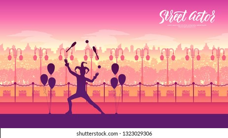 Mme performing a pantomime called juggling with oranges illustration. Clown on stilts with balloons on landscape street background. 