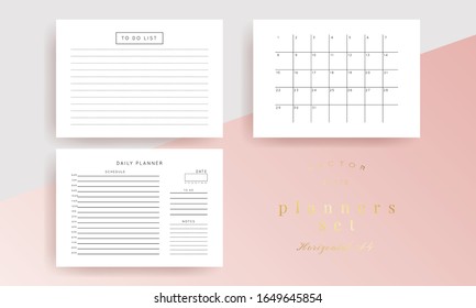 Mminimalist abstract planners set. Daily, weekly, monthly planner template.  Paper sheet size A4. Blank printable horizontal notebook page with space for notes and goals. Business organizer.