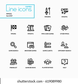 MMOG - modern vector single line icons set. Massively multiplayer online game, fps, rpg, rts, card, search, browser, client, opponent, friendlist, review, rating