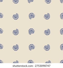 mmonite fossils, spiral shells, beige background, seamless textile design
