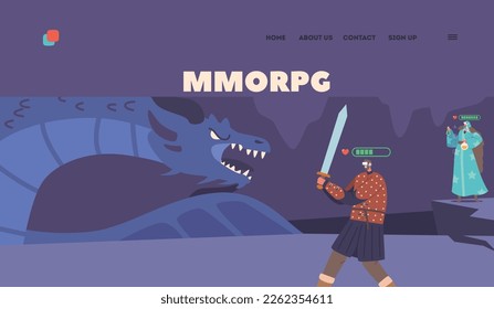 Mmorpg Landing Page Template. Characters in Fantasy Attire and Virtual Reality Headset Playing Video Game. Warrior and Wizard Fight with Dragon in Immersive Digital World. Cartoon Vector Illustration