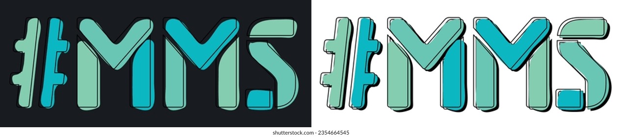 MMS Hashtag. Isolate curves doodle letters. Set 2 in 1. Blue colors. Popular Hashtag #MMS for social network, Adult web resources, mobile apps, games. Stock vector picture.