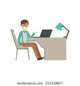 Mn In Glasses Behind His Desk, Coworking In Informal Atmosphere In Modern Design Office Infographic Illustration
