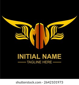 MN Golden Wing Emblem Logo with elegant gold wings, sleek and modern design. Ideal for branding, creative projects, luxury businesses, or artistic ventures.
