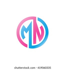 MN initial letters looping linked circle logo blue pink