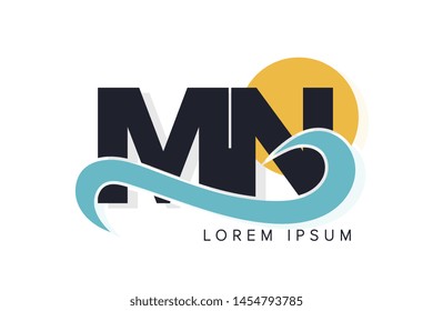 MN letter logo with ocean waves and sunset. Beach concept design