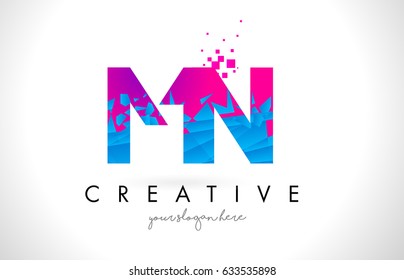 MN M N Letter Logo with Broken Shattered Blue Pink Triangles Texture Design Vector Illustration.