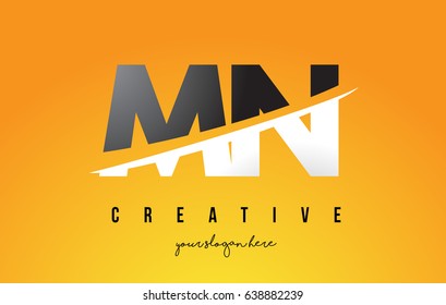 MN M N Letter Modern Logo Design with Swoosh Cutting the Middle Letters and Yellow Background.