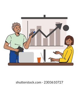 Mne and woman discussing graph