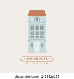 Mnimal vector drawing illustration of an old school heritage shophouse facade in pastel colour. For concept proposal, design, postcard, banner, social media