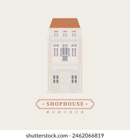 Mnimal vector drawing illustration of an old school heritage shophouse facade in pastel colour. For concept proposal, design, postcard, banner, social media