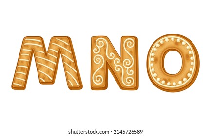 M,N,O letras cubiertas de azúcar de la glaseada. Galletitas de jengibre Ilustración vectorial del alfabeto navideño