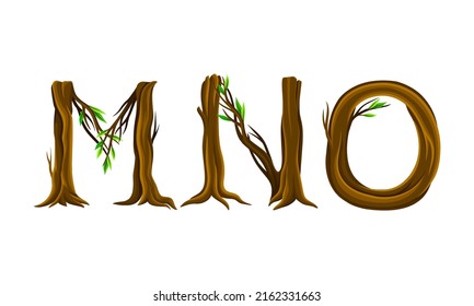 M,N,O letters made of branches and leaves. Eco english alphabet font vector illustration