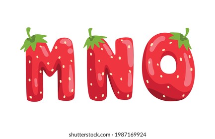 MNO Ripe Fresh Strawberry Alphabet Letters, Tasty Bright Jelly Red Berry Font Cartoon Vector Illustration