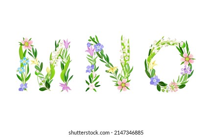 M,N,O uppercase letters made of leaves and flowers. Floral alphabet for wedding, invitation greeting card design cartoon vector illustration