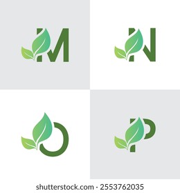 M,N,O,P leaf logo Design Template Vector Graphic Branding Element. Leaf letter M,N,O,P Logo vector Illustration. Plant Logo.