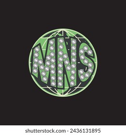 MNS Globe Logo, MNS Diamond Outlined Globe Emblem, Abstract Letter MNS Globe Logo Design Vector Illustration Template In Green Parrot color