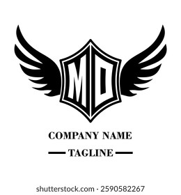 MO bold shield logo with wings, customizable with letters A to Z. Perfect for brands seeking a powerful symbol of strength, freedom, and ambition
