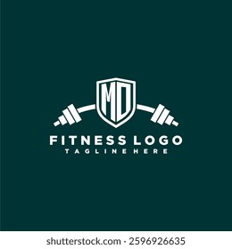 MO initial monogram for fitnes or gym logo with creative shield and barbell design