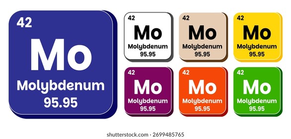 Mo, conjunto de ícones de vetor de elemento de molibdênio, elemento de tabela periódica. Ilustração vetorial EPS 10 File. Isolado no fundo branco.