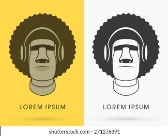 Moai , Afro Haare mit Kopfhörer, Zeichen , Logo , Symbol, Symbol, Grafik, Vektorgrafik.