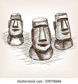 Moai easter island sketch style vector illustration. Old engraving imitation. Moai easter island landmark hand drawn sketch imitation