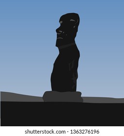 Moai Monolithic Statues Polynesia Easter Islands. Vector travel illustration, banner or logo. The Moai statues of Easter island, Polynesia, Chili. Stone idols of Rapa Nui island. World attraction