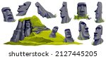 Moai on Easter island in cave. Isolated vector cartoon stone sculptures on mountain. Set ancient statue civilizations of atlantis and lemuria.