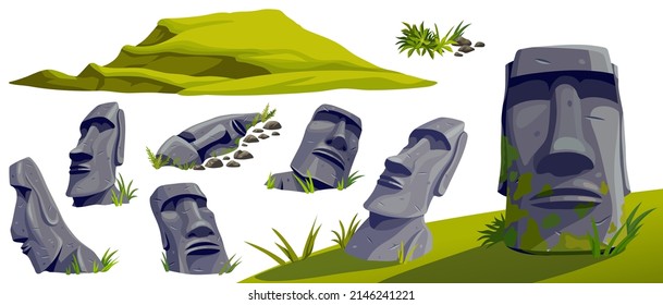 Moai on Easter island in cave. 
 Isolated vector cartoon stone sculptures on mountain. Set ancient statue civilizations of atlantis and lemuria.