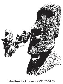 Moai auf Osterinsel in Höhlen schwarz-weiß Silhouetten Isolated Vektorkarikon Stein Skulpturen auf dem Berg. Bestellen Sie antike Statuenzivilisationen von Atlantik und Lemuria 