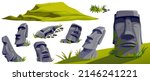 Moai on Easter island or Rapa Nui in cave. Isolated vector cartoon stone sculptures on mountain. Set ancient statue civilizations of atlantis and lemuria.