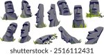 Moai on Easter island or Rapa Nui. Isolated vector cartoon stone sculptures. Sculptures heads from volcanic rock. Set ancient statue civilizations of atlantis and lemuria.